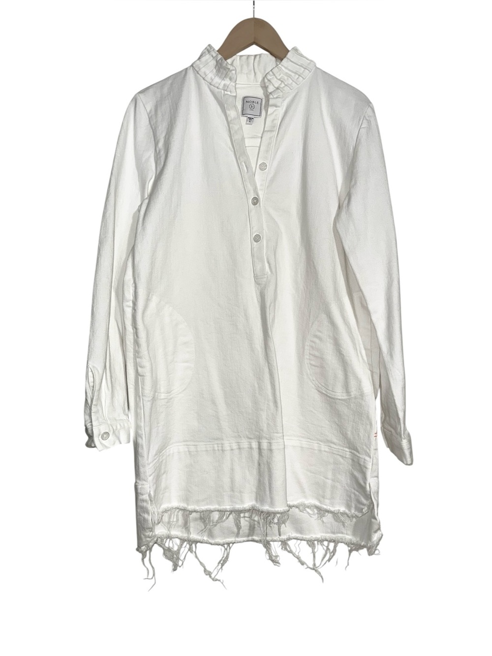 Noble 31 Long Sleeve White Denim Frayed Hem Mini Dress LARGE with pockets